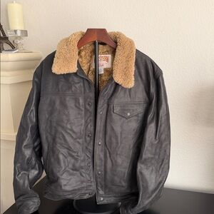 Men's Schott Black Buffalo Leather Jacket with Tan Genuine Shearling Collar